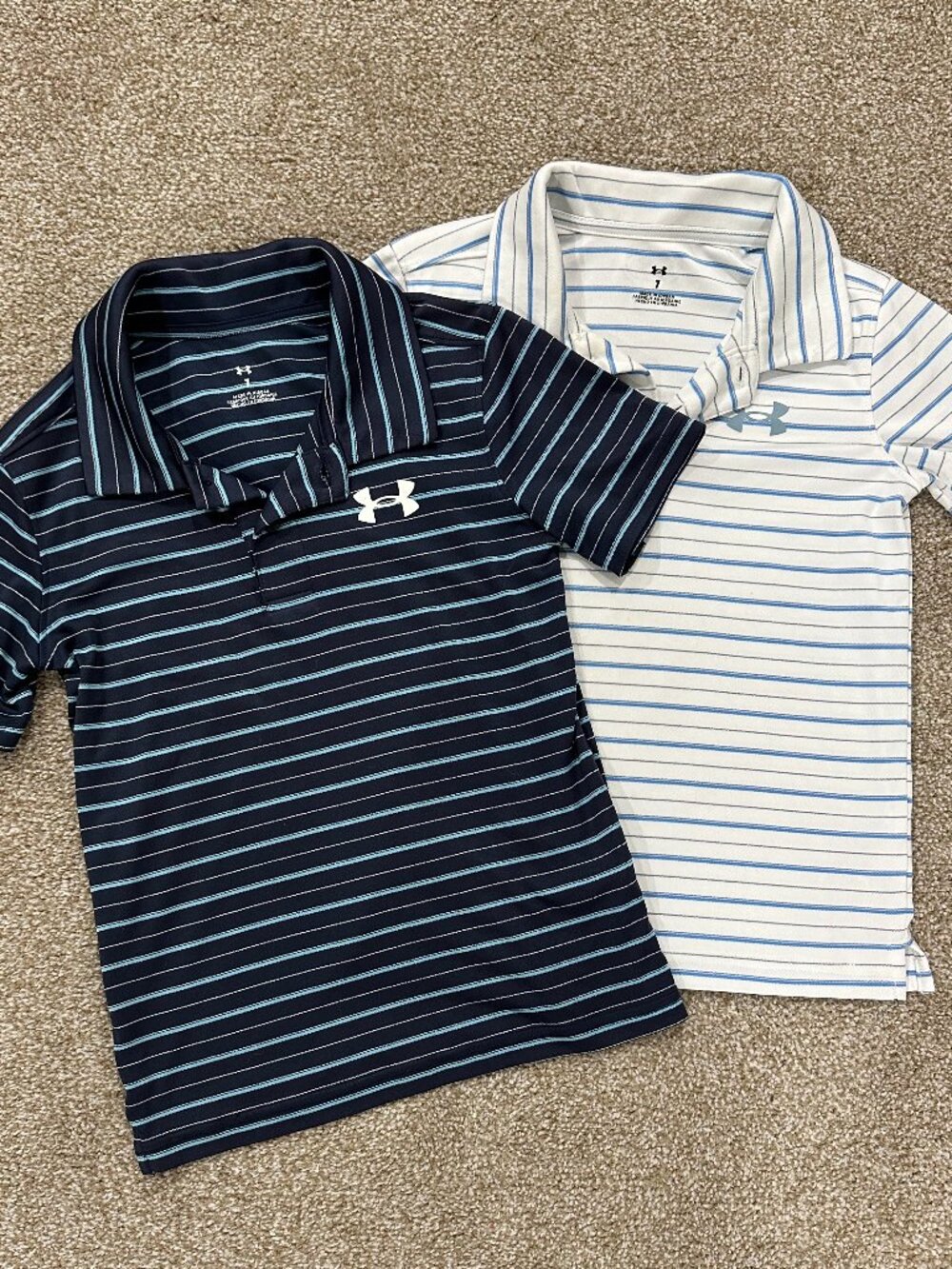 2 Under Armour Boys' Stripe Golf Polo Short sleeve shirts - Size 7 - Navy/White